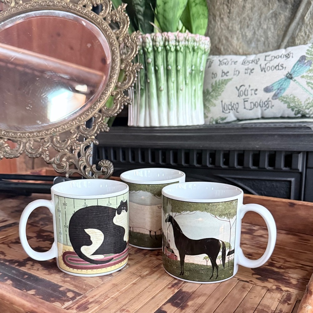Vintage Warren Kimble Folk Art Mugs Set of 3 - Tuxedo Cat, Sheep, Horse - Sakura